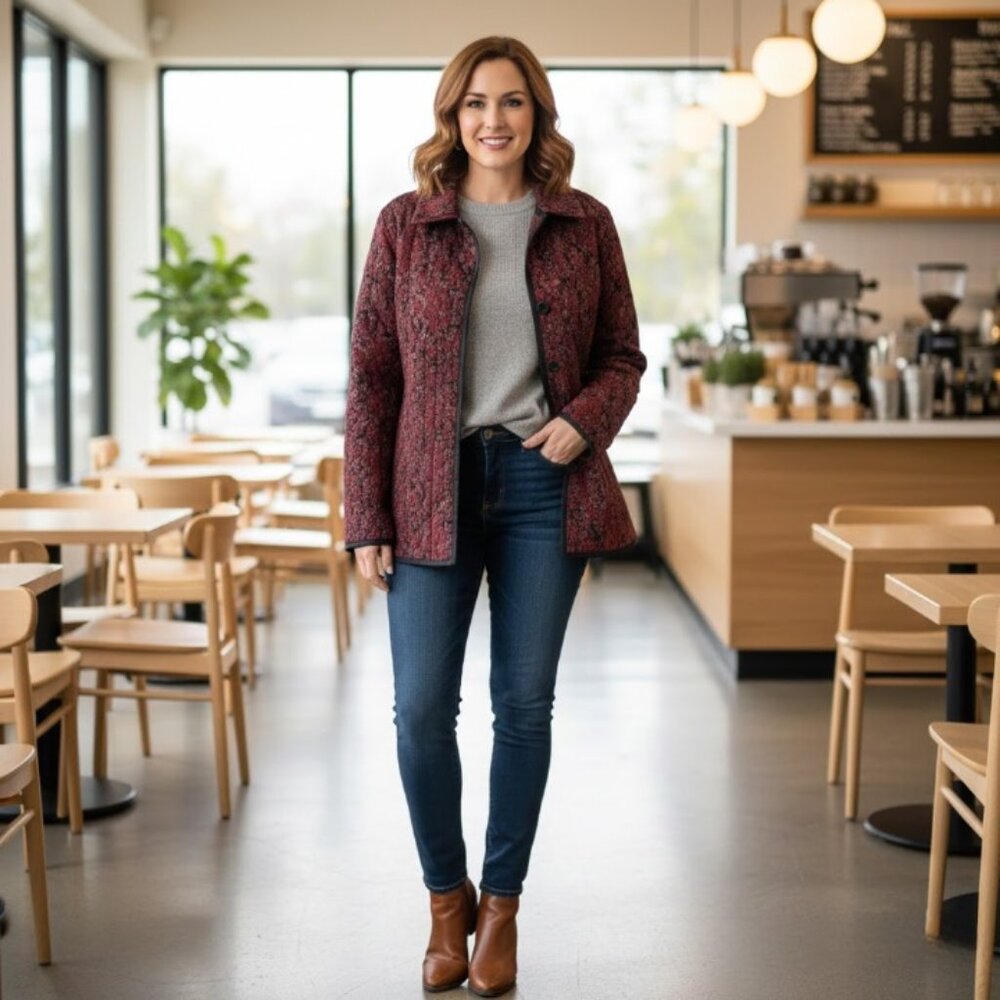 Coldwater Creek Women's Vintage Burgundy Black Gold Floral Textured Jacket L